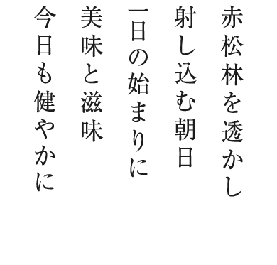 赤松林を透かし射し込む朝日一日の始まりに美味と滋味今日も健やかに